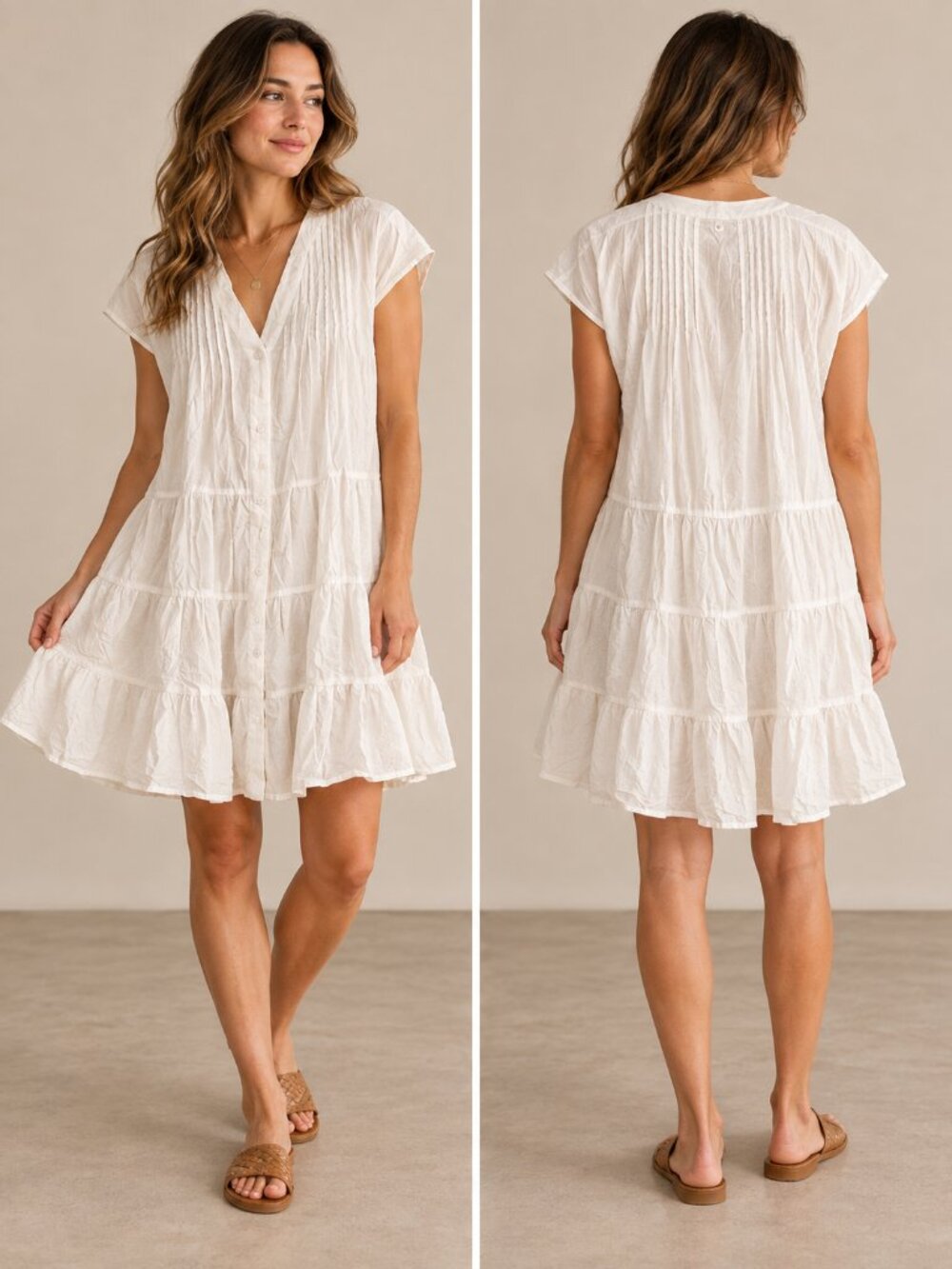 Marea White Cotton Pintuck Pleated Tiered Button Front Tunic Dress M